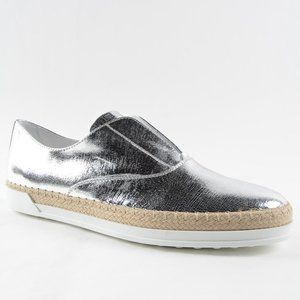 Tod's Francesina Espadrille Slip-on Shoes Raffia Metallic Silver Leather Sz 39